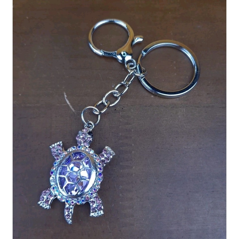 Turtle Purple Lilac Rhinestone Crystal Silver Tone Keychain Backpack Purse Clip‎